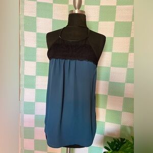 Socialite Dark Teal Halter Tank Black Lace  Leather Neck Black Lace Detail Back